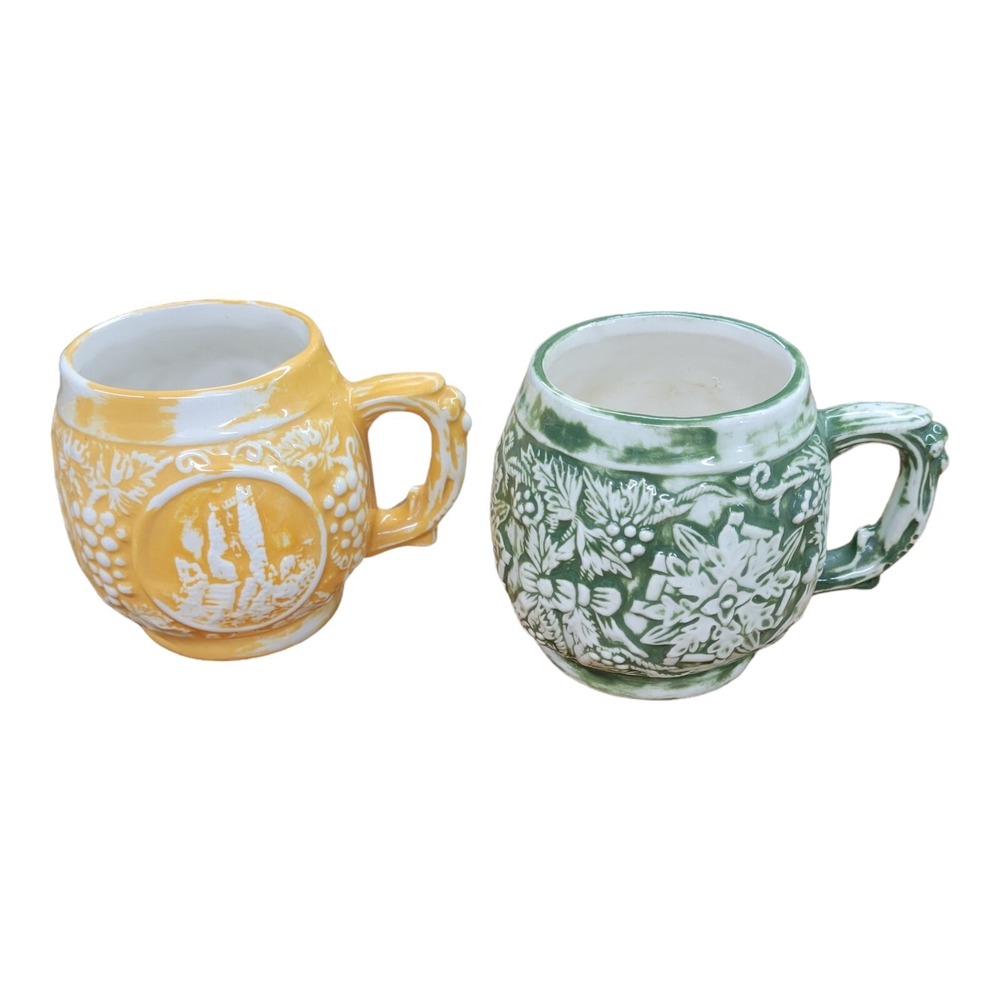 Set of 2 Vintage Mugs Green & Yellow Glazed Unique Relief Cups Signed 1970s